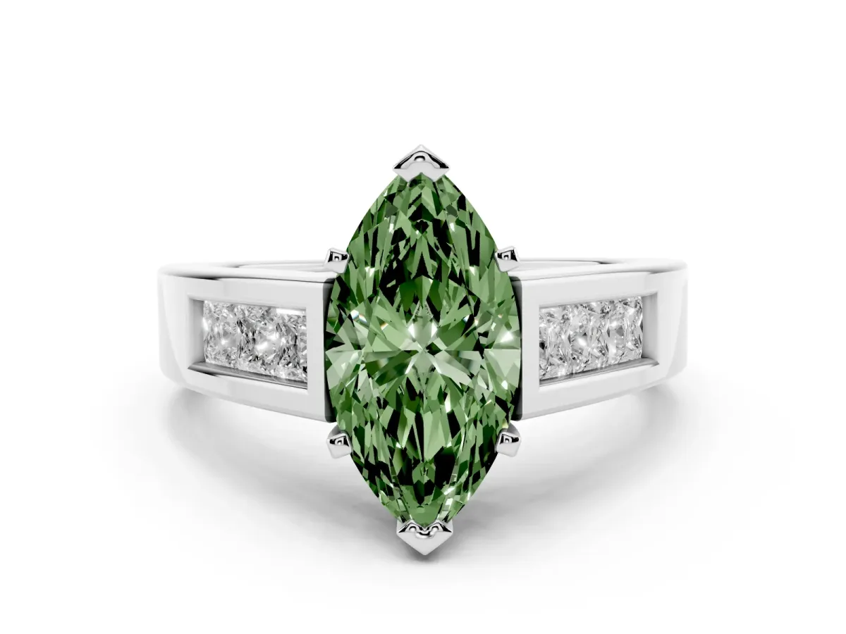 Fancy Green Marquise Cut Diamond Solitaire Ring Set in White gold with Channel-Set Accent Stones and Prong Setting
