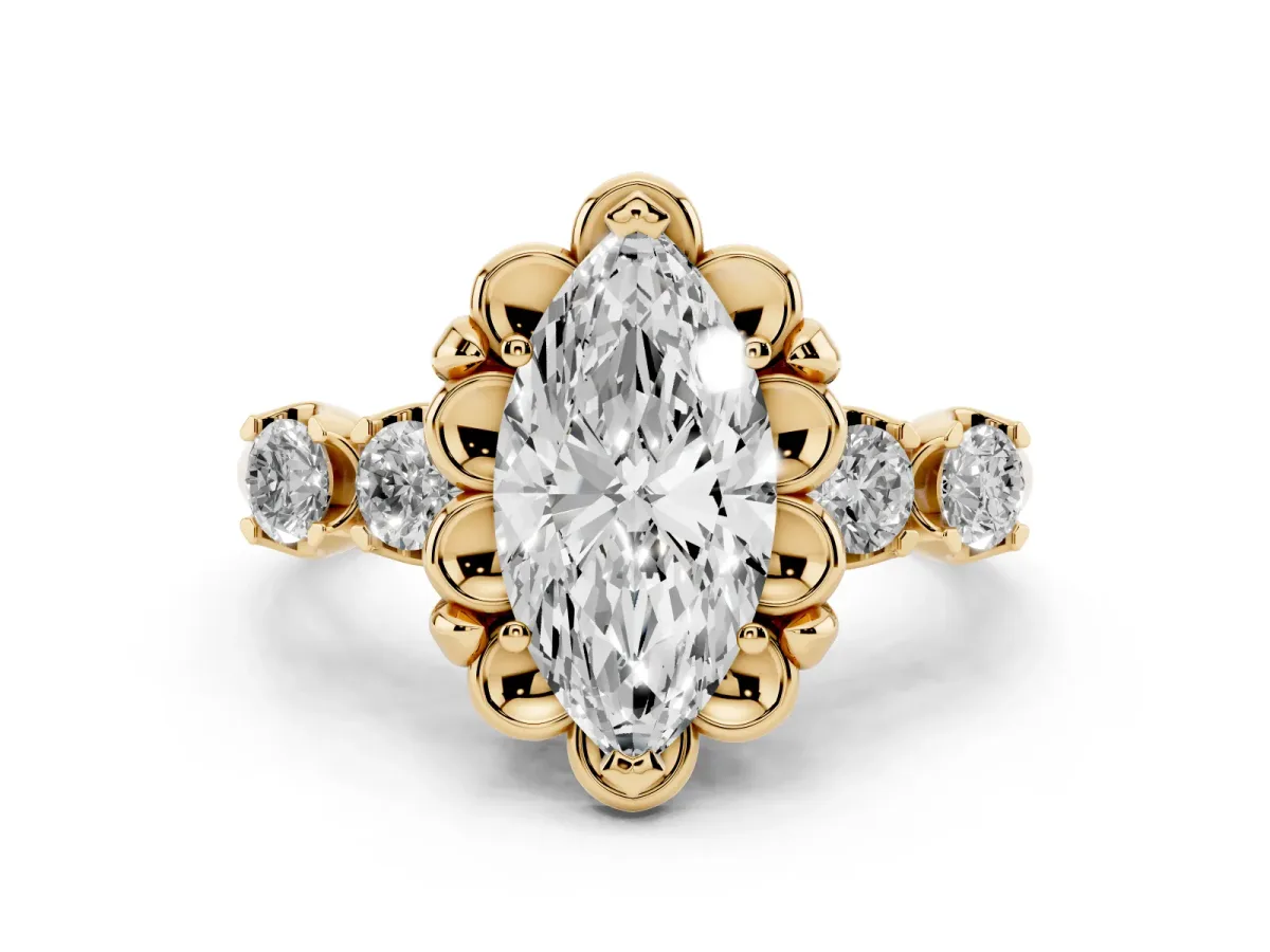 Marquise Cut Diamond Floral Halo Ring Set in Yellow gold with Shared Prong Band