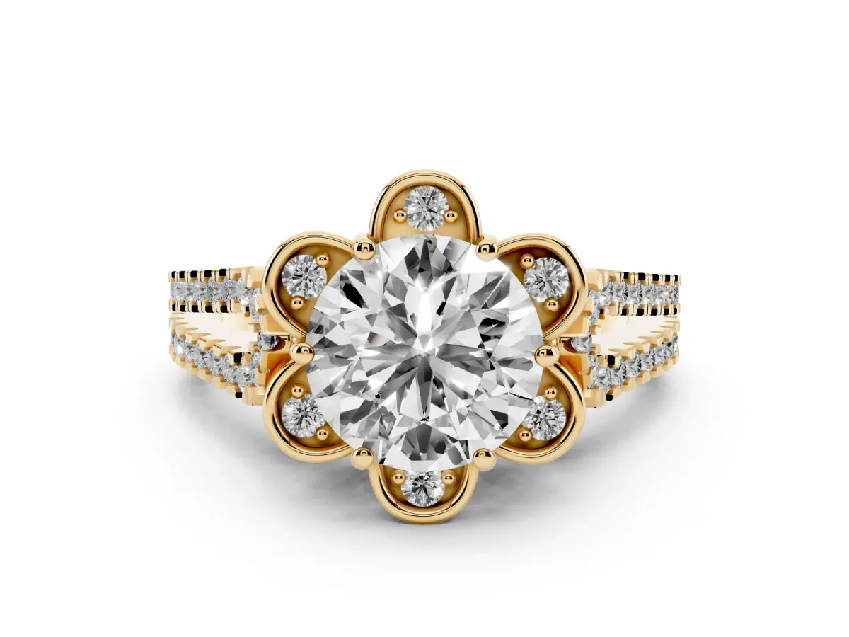 Round Cut Diamond Floral Halo Split Shank Engagement Ring Set in Yellow gold with Pavé Shank