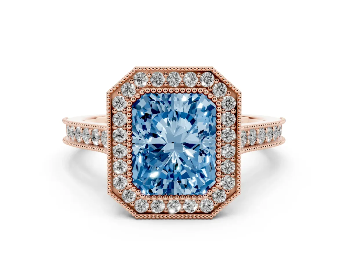 Fancy Blue Radiant Cut Diamond Halo Milgrain Pavé Band Ring Set in Rose gold with Prong Setting