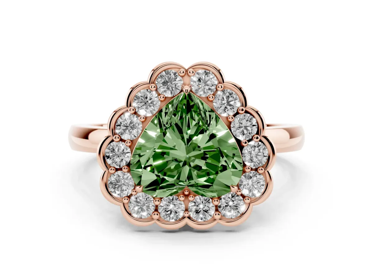 Fancy Green Heart Cut Diamond Halo Cluster Engagement Ring Set in Rose gold with Solitaire Band and Prong Setting