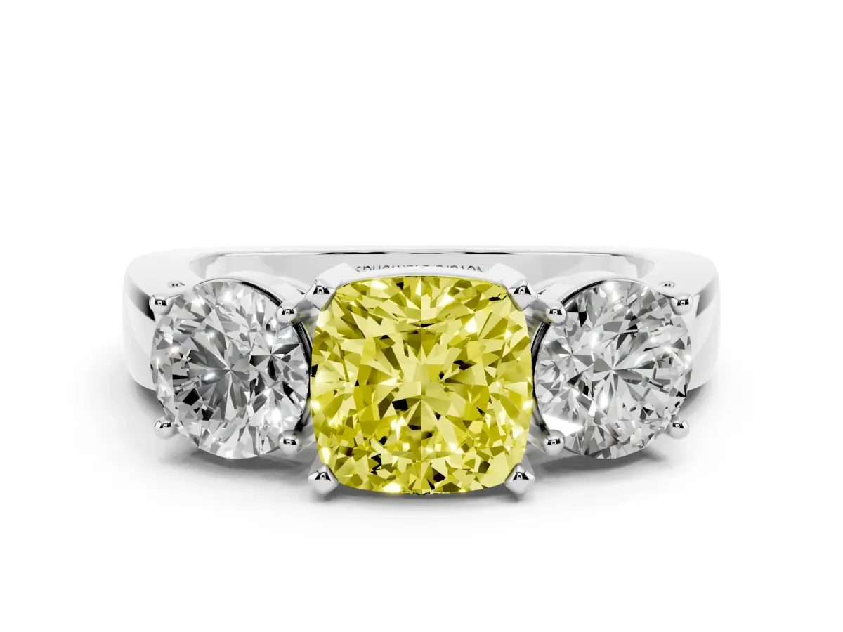 Fancy Yellow Cushion Cut Diamond Three-Stone Ring Set in Platinum with Round Side Stones and Classic Band