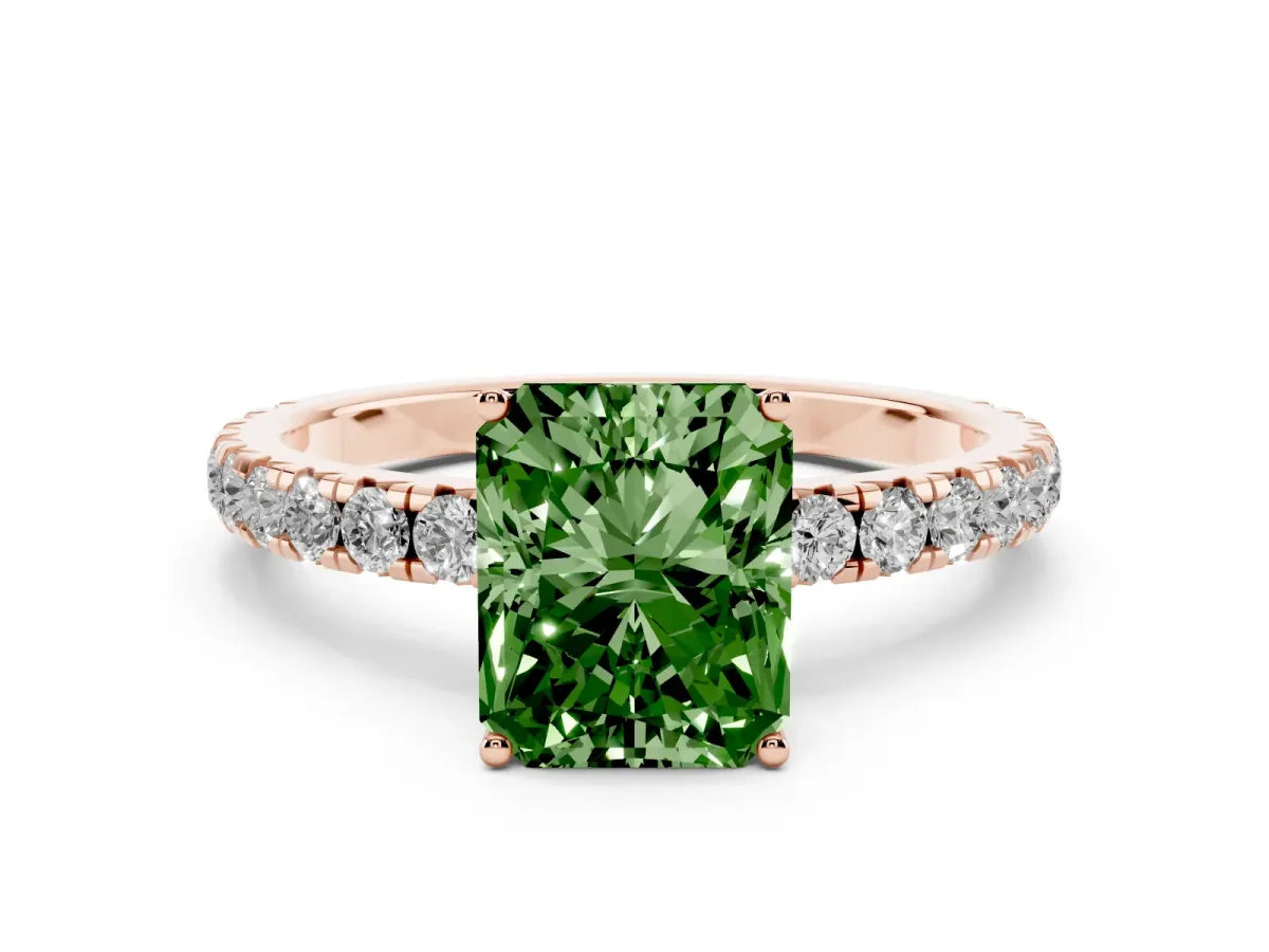 Fancy Green Radiant Cut Diamond Pavé Solitaire Engagement Ring Set in Rose gold with Prong Setting
