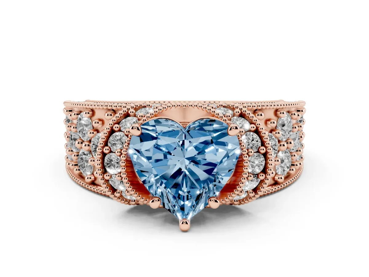 Fancy Blue Heart Cut Diamond Milgrain Halo Pavé Engagement Ring Set in Rose gold with Prong Setting