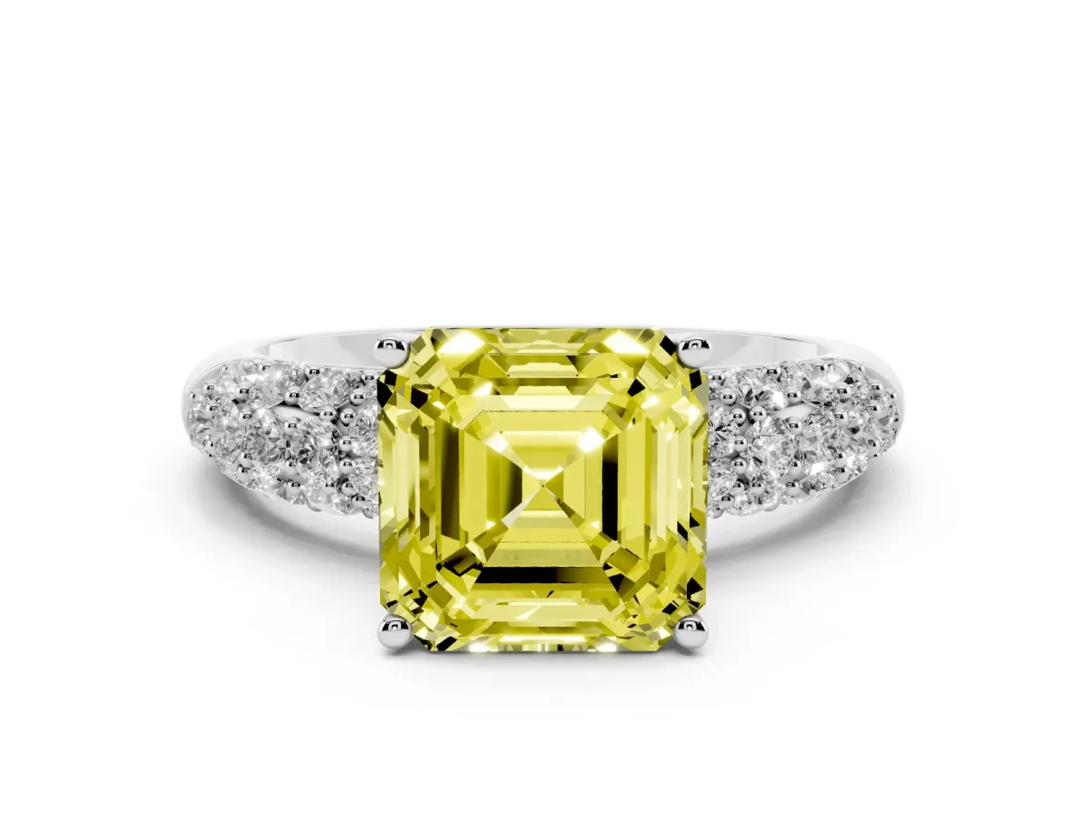 Fancy Yellow Asscher Cut Diamond Pavé Band Solitaire Ring Set in White gold with Close-Set Accent Stones and Prong Setting