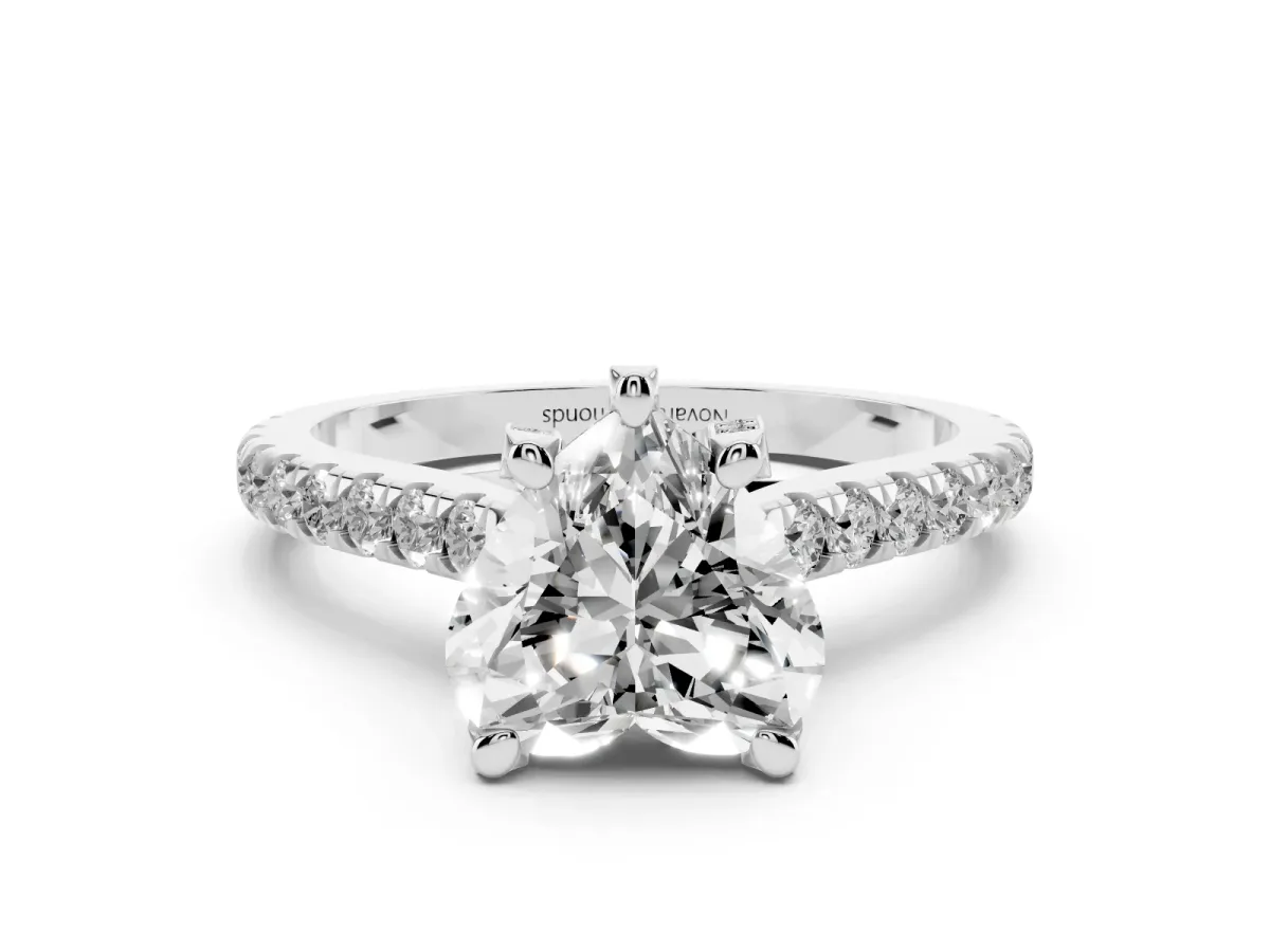 Heart Cut Diamond Solitaire Ring Set in White gold with Brilliant Pavé Band and Prong Setting