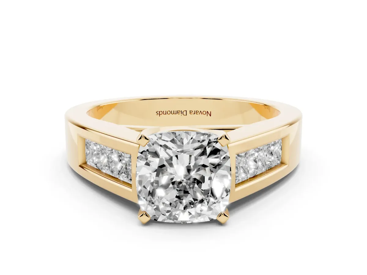 Cushion Cut Diamond Solitaire Ring Set in Yellow gold with Channel-Set Accent Stones and Prong Setting