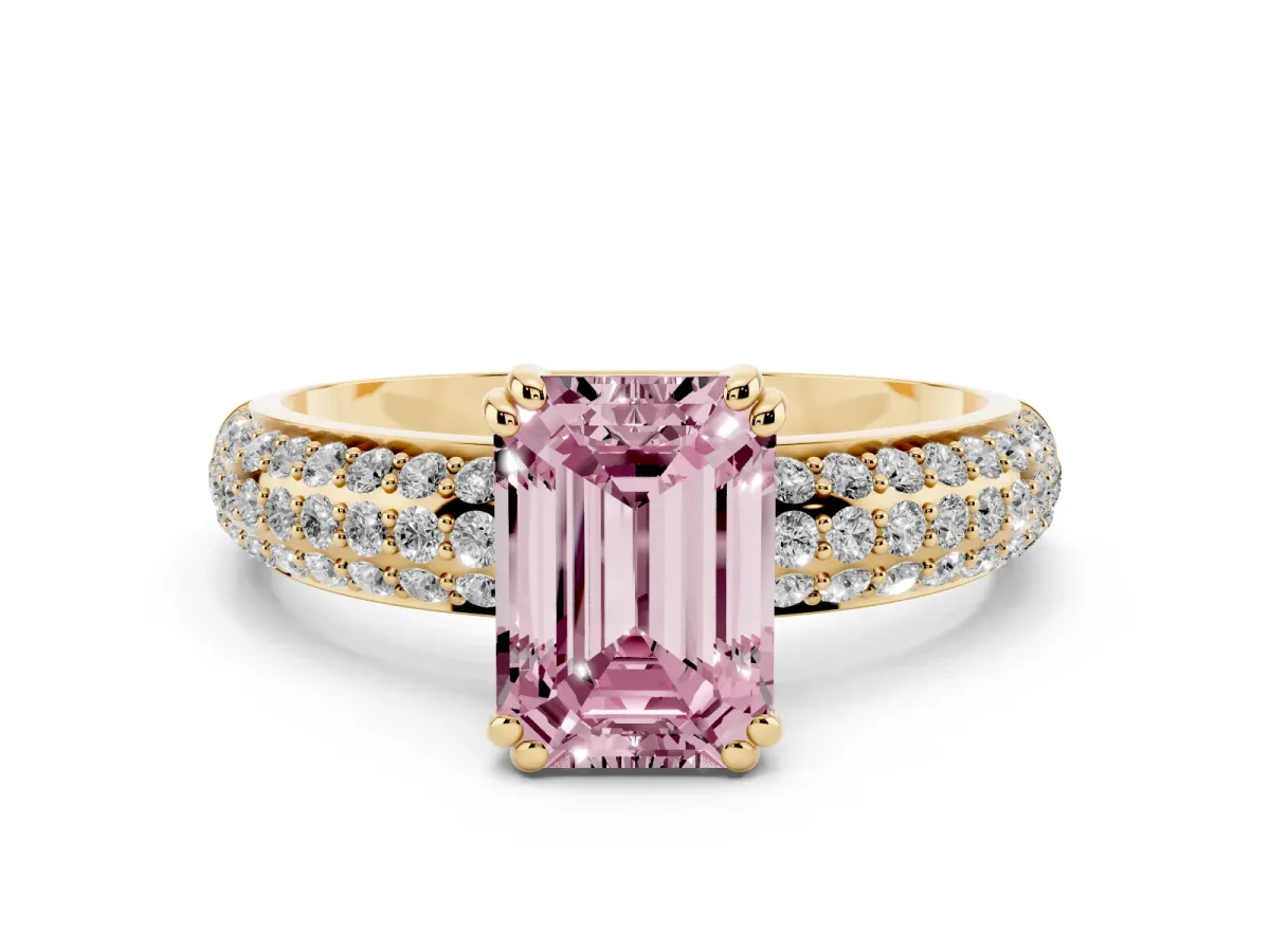 Fancy Pink Emerald Cut Diamond Solitaire Ring Set in Yellow gold with Multi-Row Round Pavé Band and Prong Setting