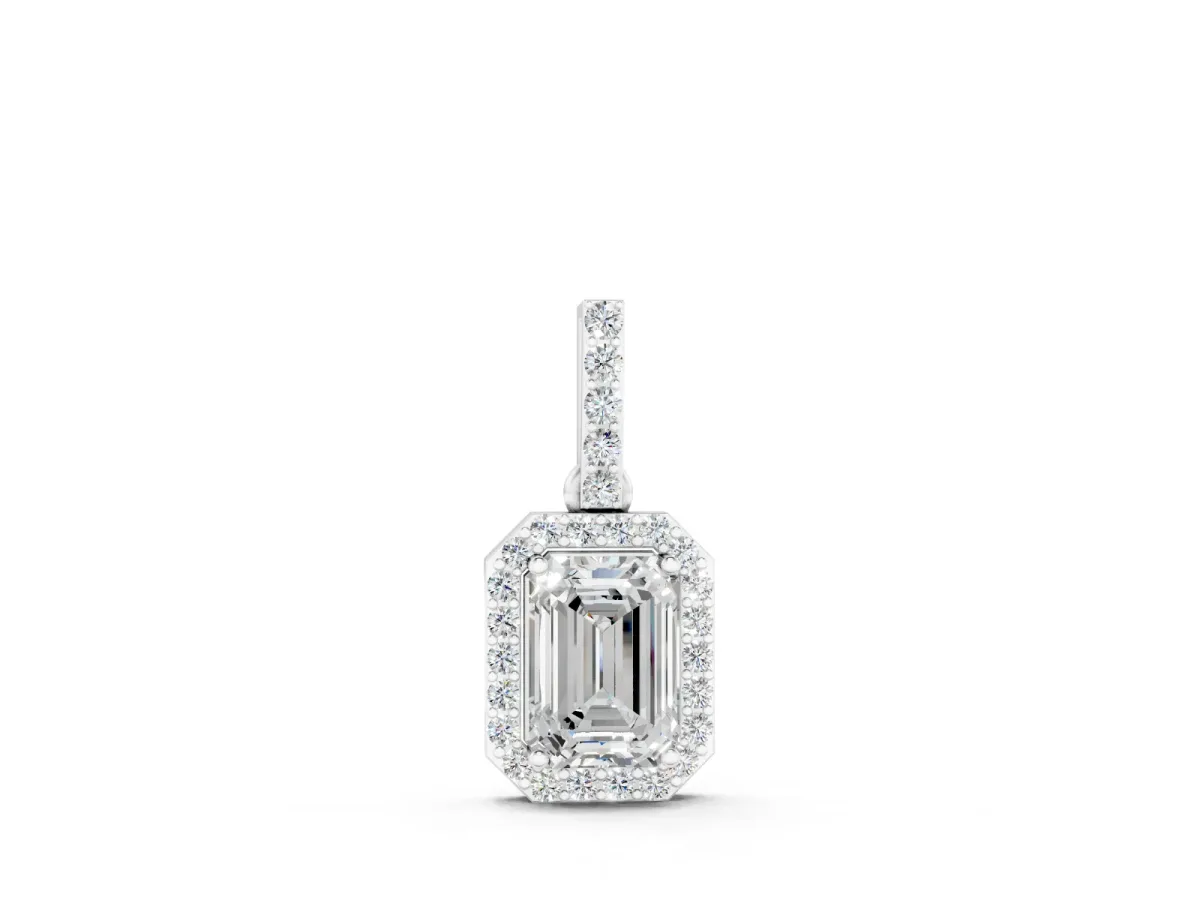 Emerald Cut Diamond Halo Pendant Set in White gold with Prong-Set Center