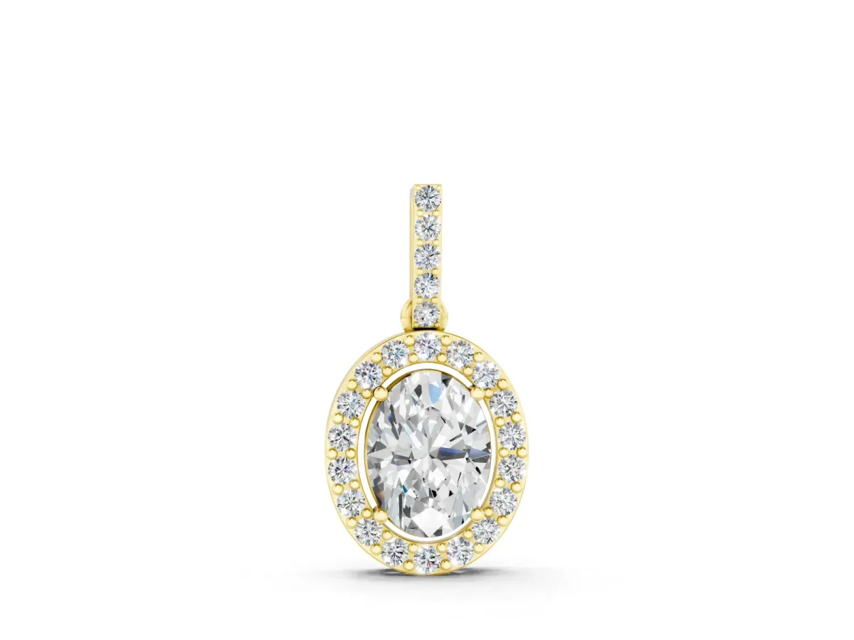 Oval Diamond Halo Pendant Set in Yellow gold with Prong-Set Centerpiece