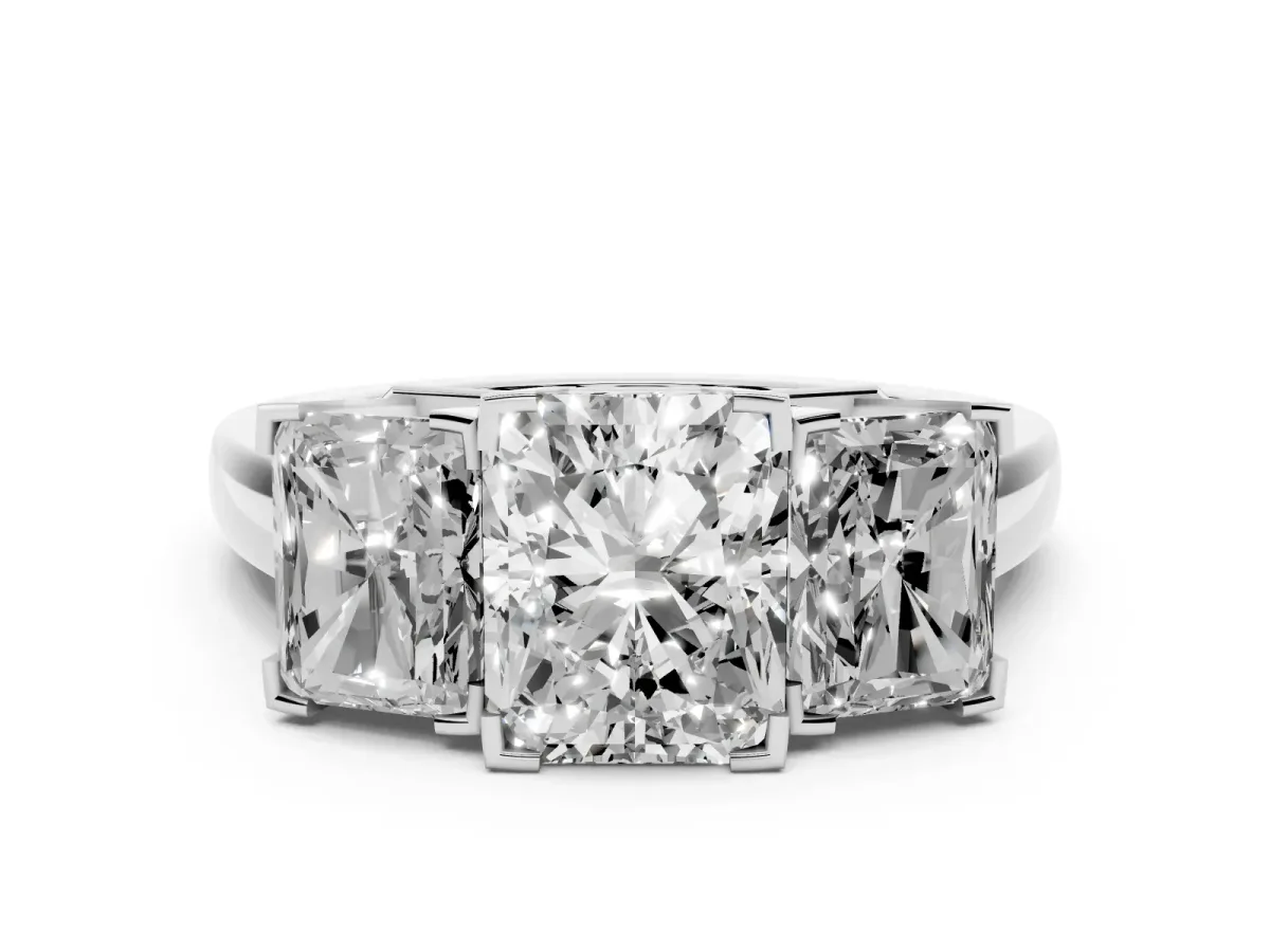 Radiant Cut Diamond Three-Stone Ring Set in Silver with Channel-Set Band and Prong Settings