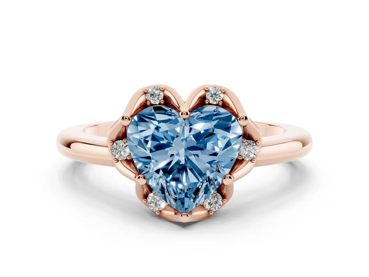 Fancy Blue Heart Cut Diamond Round Cluster Halo Ring Set in Rose gold with Solitaire Band and Prong Setting