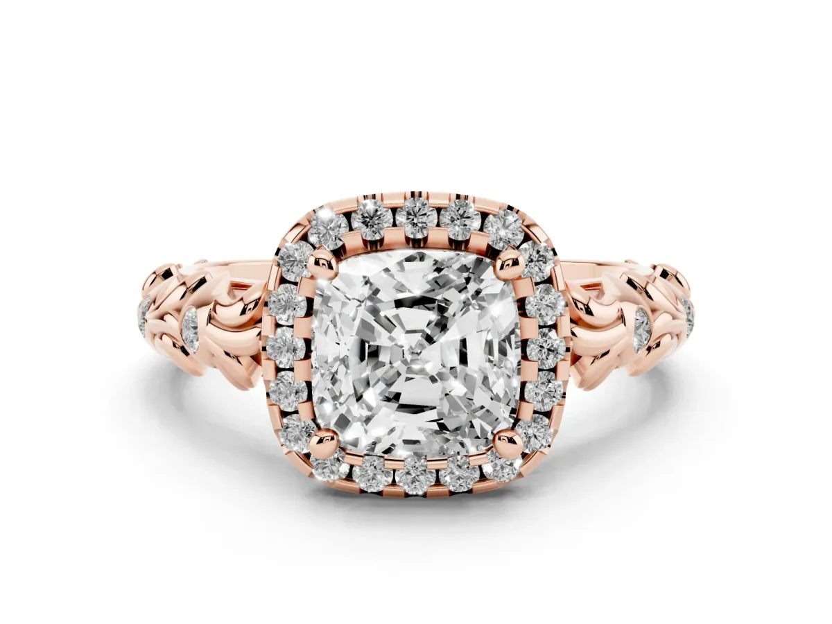 Cushion Cut Diamond Halo Ring Set in Rose gold with Filigree Leaf Band and Prong Setting