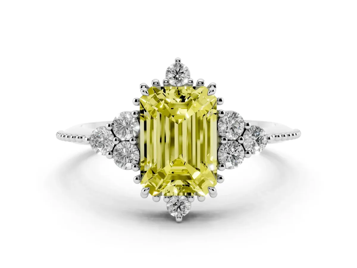 Fancy Yellow Emerald Cut Diamond Cluster Ring Set in Silver with Beaded Band