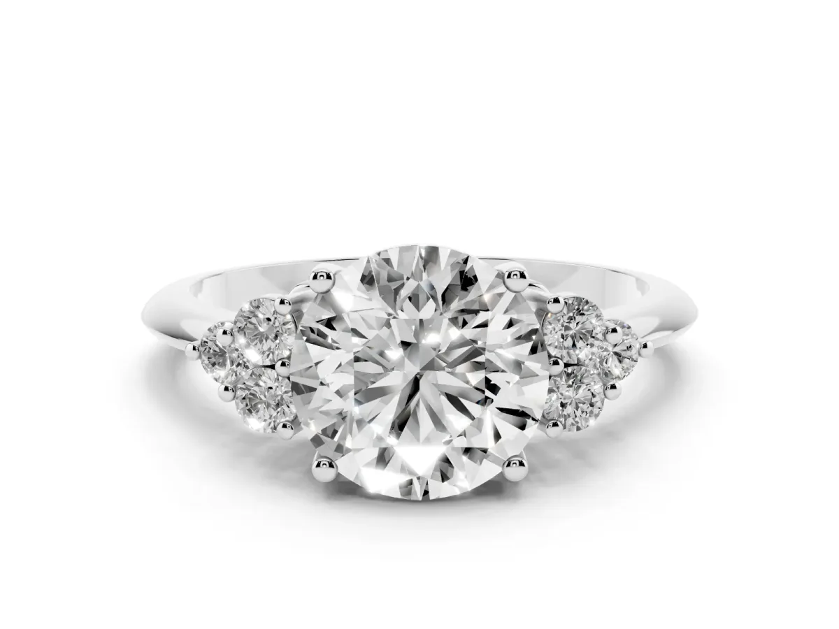 Round Cut Diamond Cluster Ring Set in White gold with Plain Band and Prong Setting
