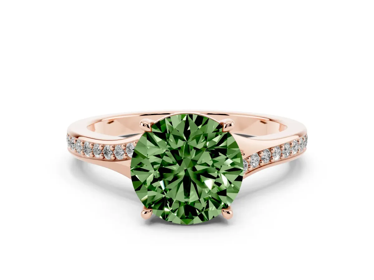 Fancy Green Round Cut Diamond Solitaire Ring Set in Rose gold with Pavé Accent Band and Classic Prong Setting