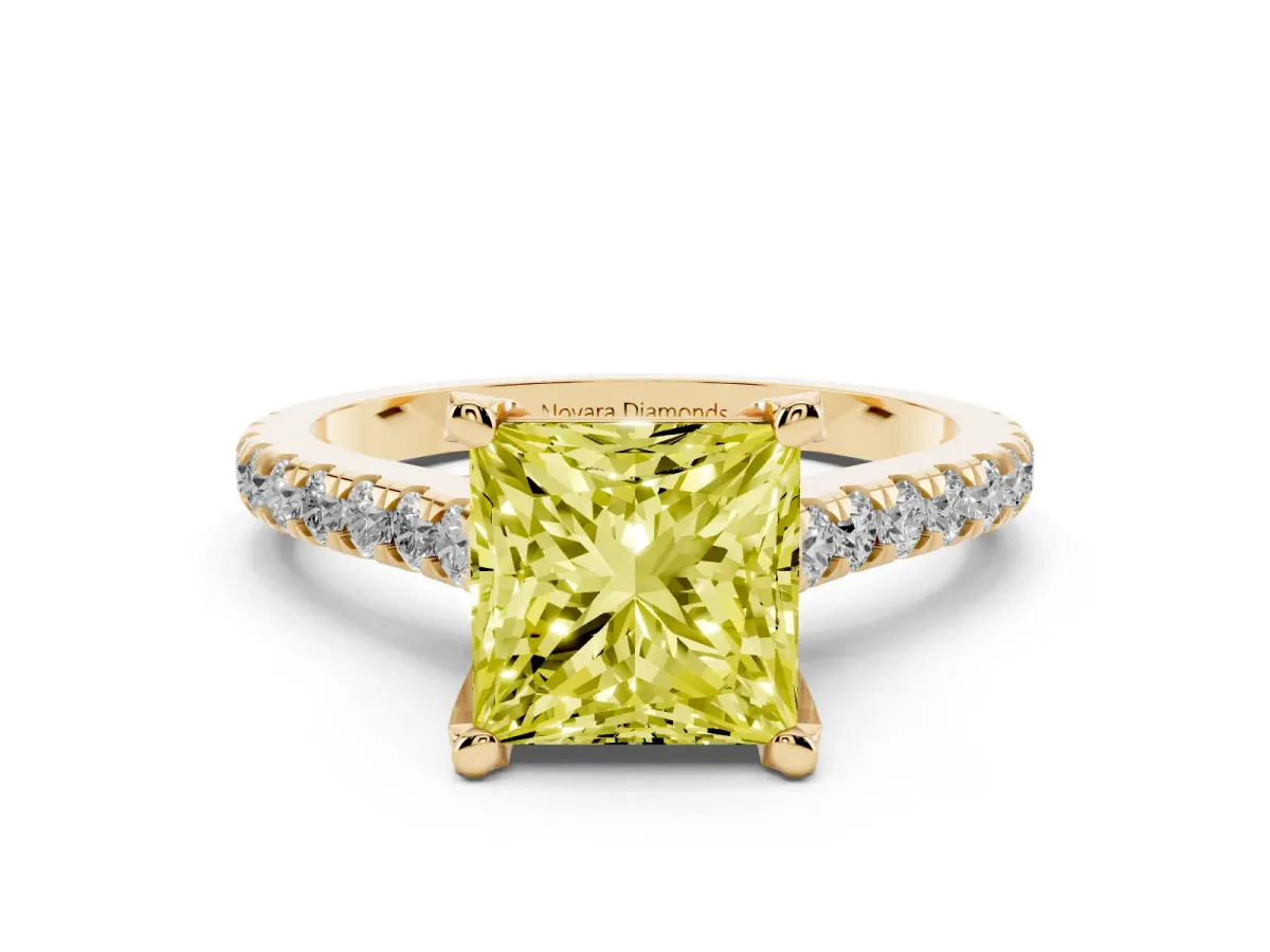 Fancy Yellow Princess Cut Diamond Solitaire Ring Set in Yellow gold with Brilliant Pavé Band and Prong Setting