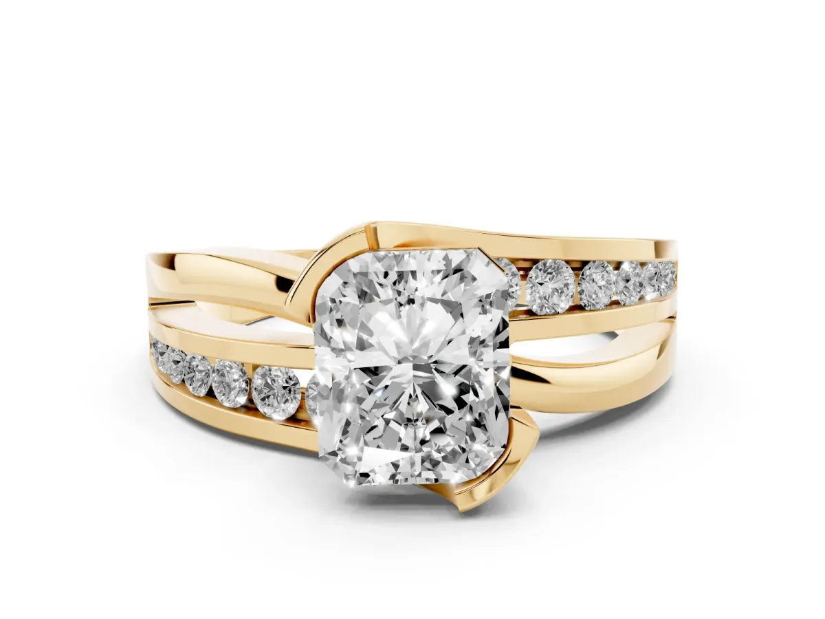 Radiant Cut Diamond Solitaire Ring Set in Yellow gold with Channel Set Split Shank and Tension Prongs