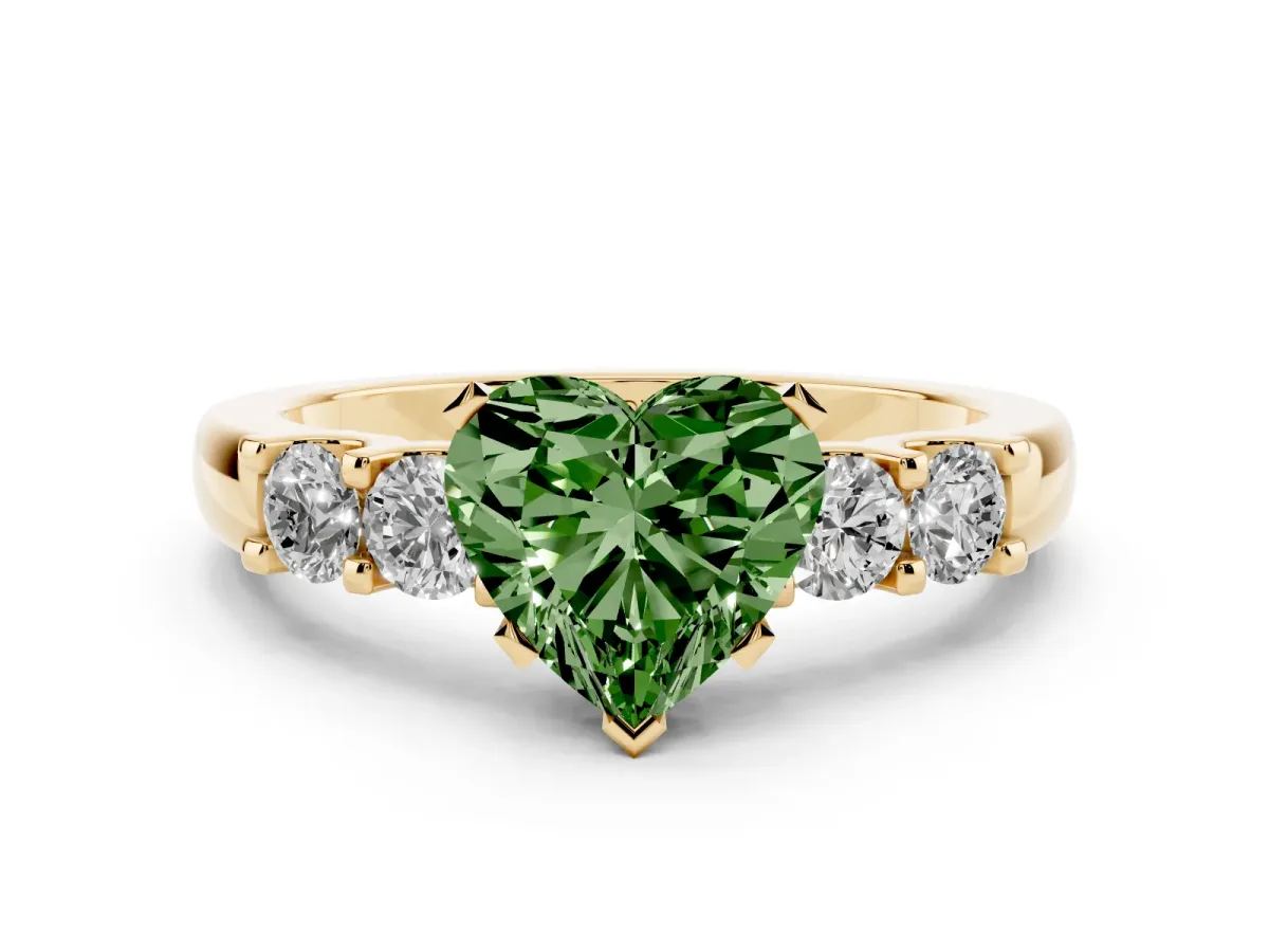 Fancy Green Heart Cut Diamond Five-Stone Prong Set Engagement Ring Set in Yellow gold with Channel Band