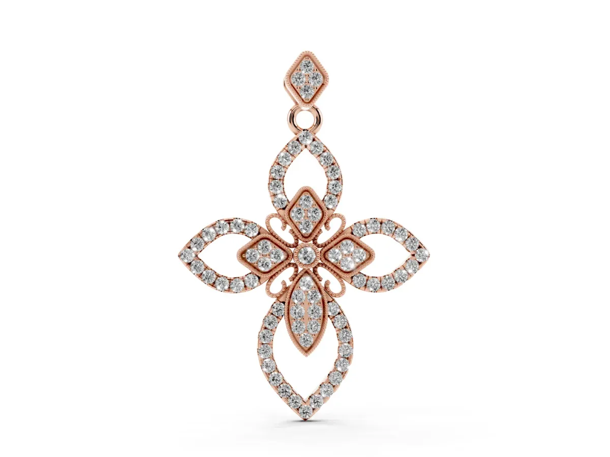 Marquise Diamond Cross Pendant Set in Rose gold with Pavé Floral Arms