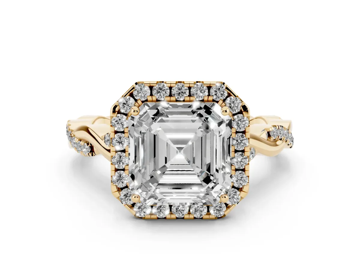 Asscher Cut Diamond Halo Twist Band Solitaire Ring Set in Yellow gold with Prong Setting