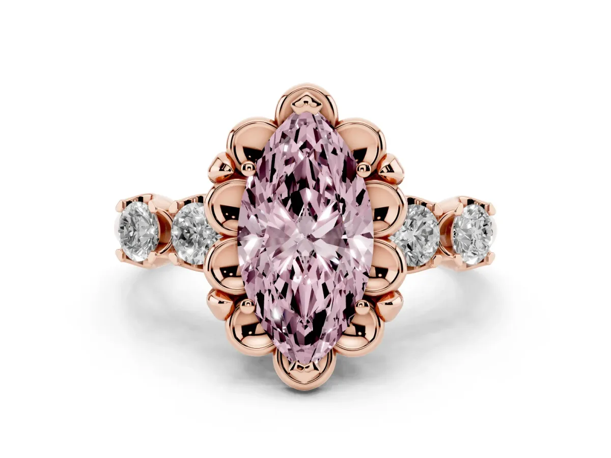 Fancy Pink Marquise Cut Diamond Floral Halo Ring Set in Rose gold with Shared Prong Band