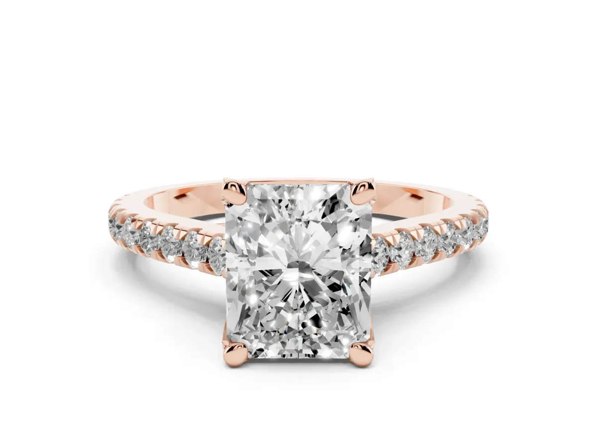 Radiant Cut Diamond Solitaire Ring Set in Rose gold with Brilliant Pavé Band and Prong Setting