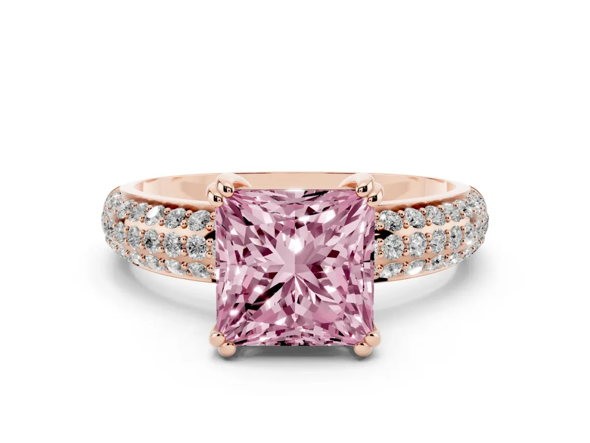 Fancy Pink Princess Cut Diamond Solitaire Ring Set in Rose gold with Multi-Row Round Pavé Band and Prong Setting
