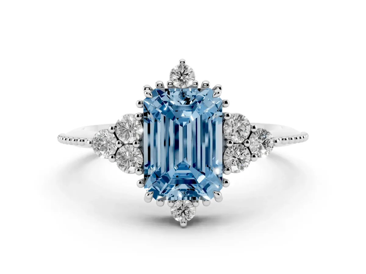 Fancy Blue Emerald Cut Diamond Cluster Ring Set in Silver with Beaded Band