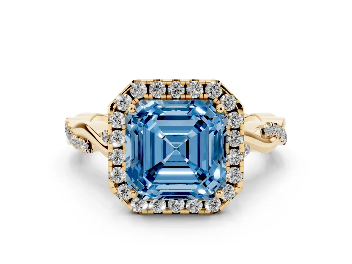 Fancy Blue Asscher Cut Diamond Halo Twist Band Solitaire Ring Set in Yellow gold with Prong Setting