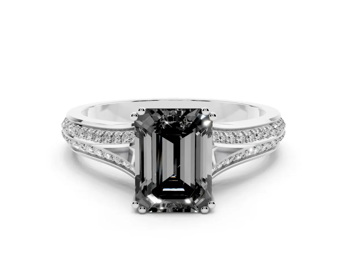 Fancy Black Emerald Cut Diamond Split Shank Pavé Engagement Ring Set in White gold with Prong-Set Center Stone