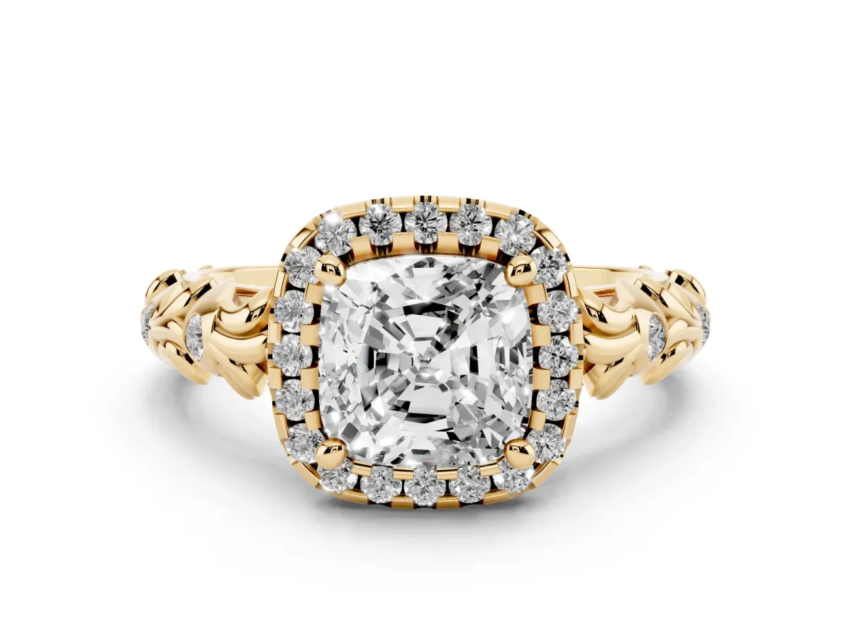 Cushion Cut Diamond Halo Ring Set in Yellow gold with Filigree Leaf Band and Prong Setting