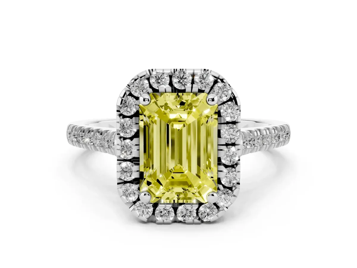 Fancy Yellow Emerald Cut Diamond Cushion Halo Ring Set in White gold with Pavé Band