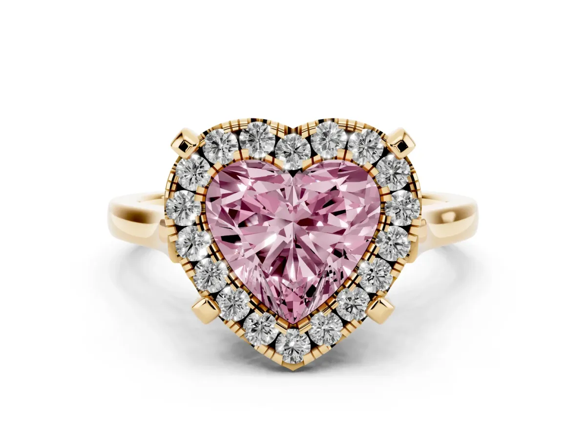 Fancy Pink Heart Cut Diamond Cluster Halo Solitaire Ring Set in Yellow gold with Prong Setting