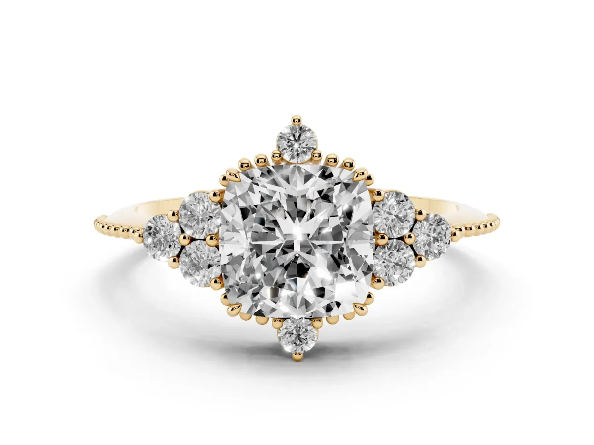 Cushion Cut Diamond Cluster Ring Set in Yellow gold with Beaded Band