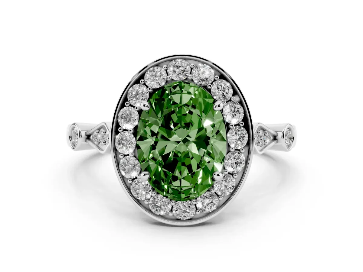 Fancy Green Oval Cut Diamond Halo Engagement Ring Set in Platinum with Twisted Band and Prong Setting