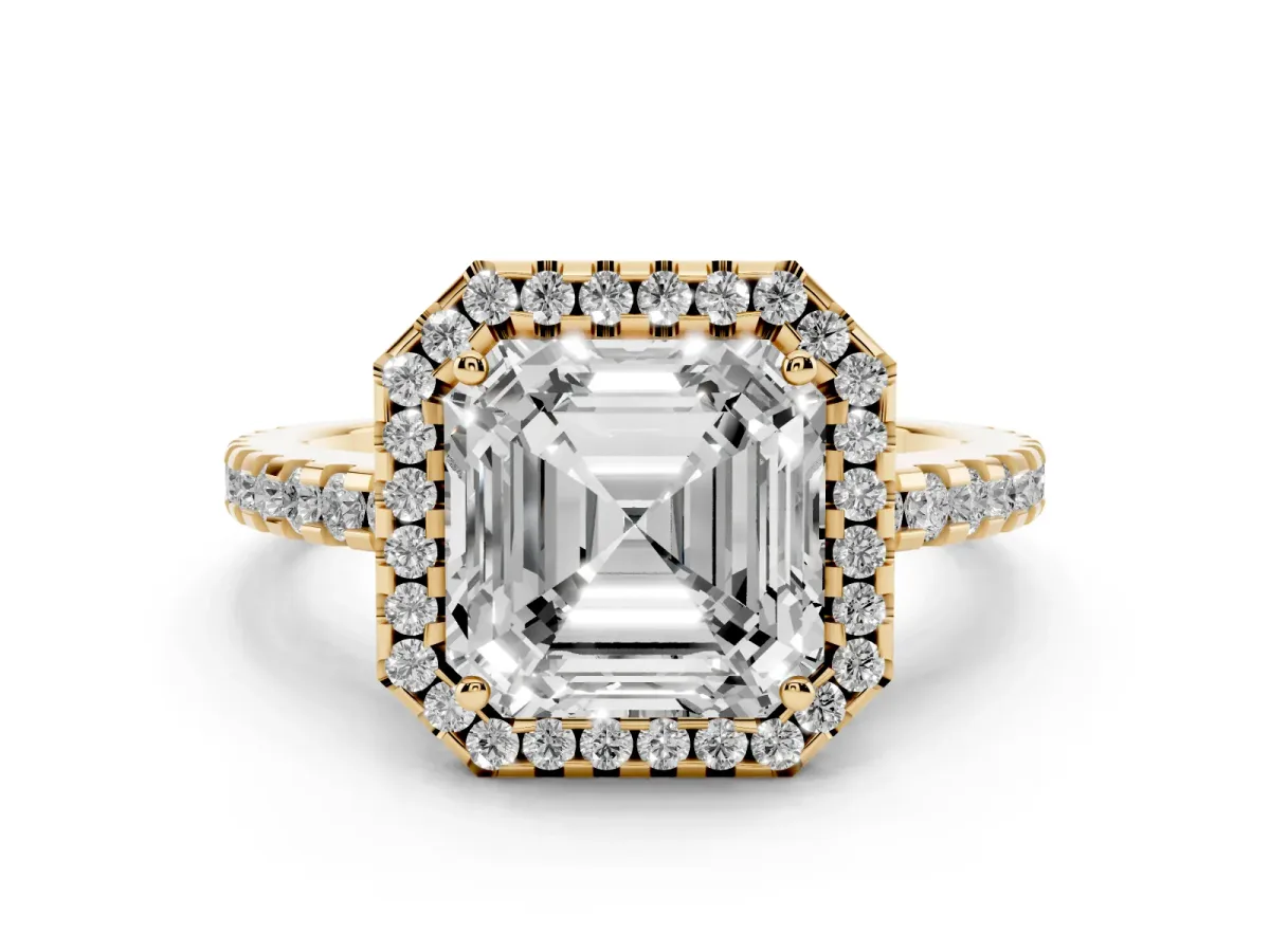 Asscher Cut Diamond Halo Ring Set in Yellow gold with Pavé Shoulders and Halo-Framed Center