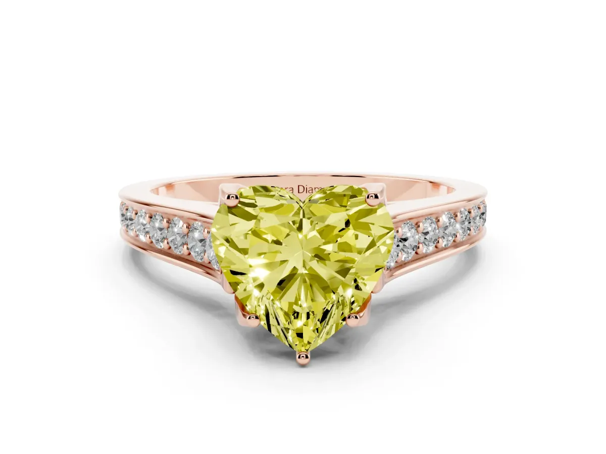 Fancy Yellow Heart Cut Diamond Solitaire Pavé Engagement Ring Set in Rose gold with Prong Setting