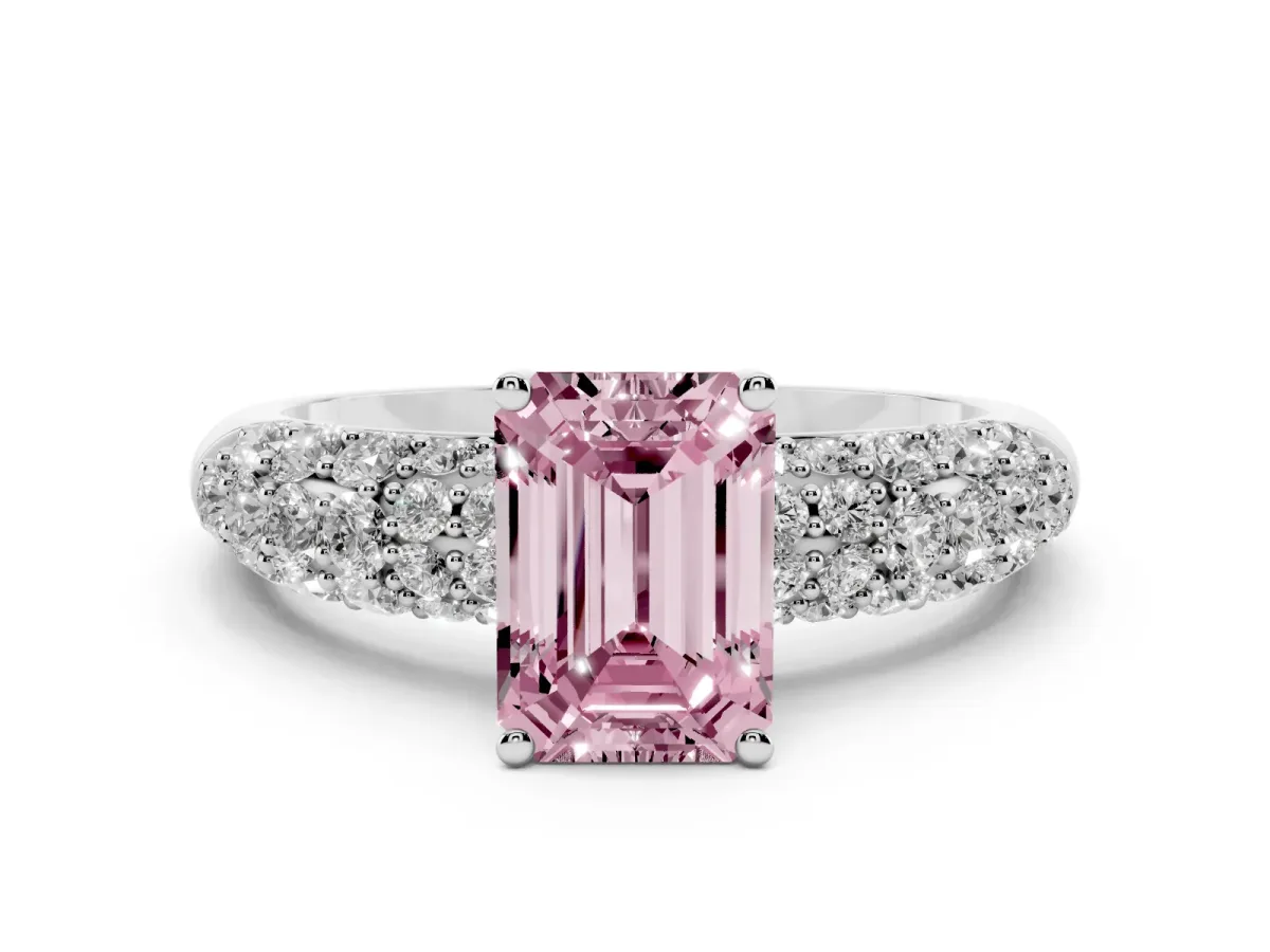 Fancy Pink Emerald Cut Diamond Pavé Band Solitaire Ring Set in Platinum with Close-Set Accent Stones and Prong Setting
