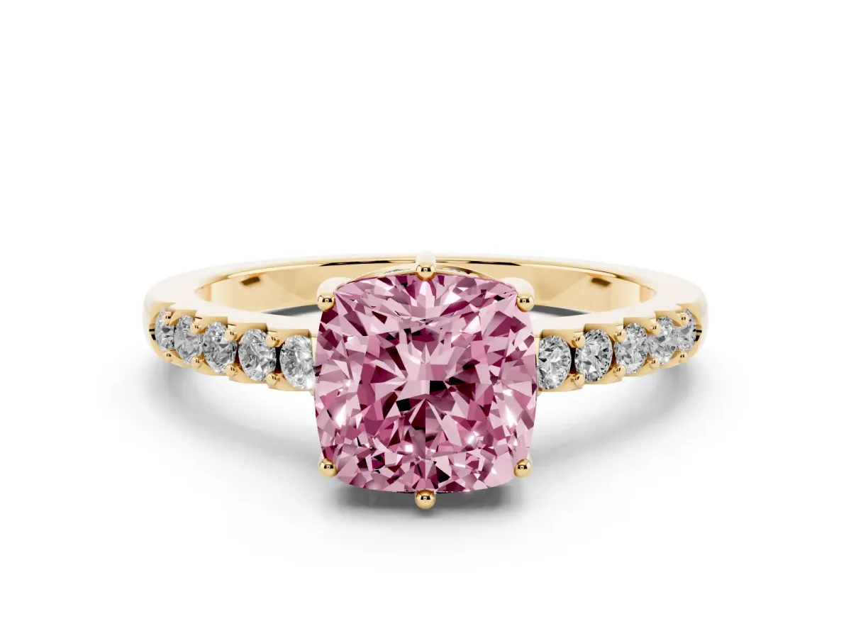 Fancy Pink Cushion Cut Diamond Solitaire Engagement Ring Set in Yellow gold with Pavé Band and Prong Setting