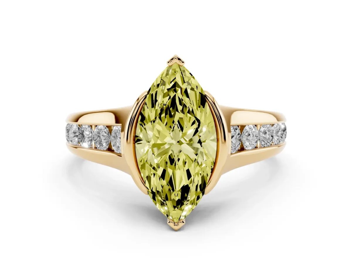 Fancy Yellow Marquise Cut Diamond Bezel-Set Solitaire Ring Set in Yellow gold with Channel-Set Band