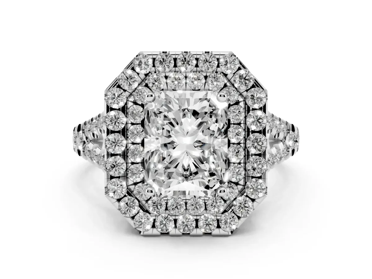 Radiant Cut Diamond Double Halo Ring Set in Platinum with Pavé Split Shank and Prong Setting