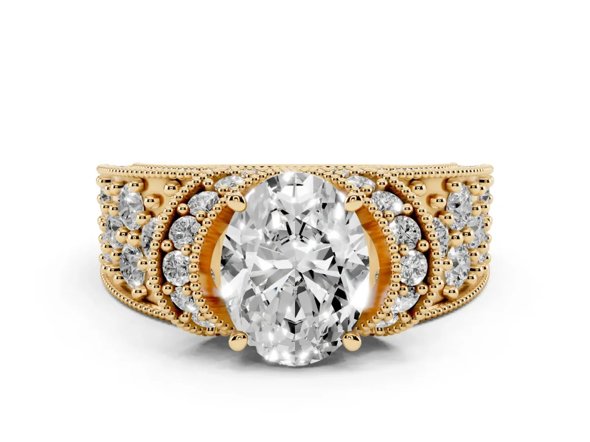 Oval Cut Diamond Milgrain Halo Pavé Engagement Ring Set in Yellow gold with Prong Setting