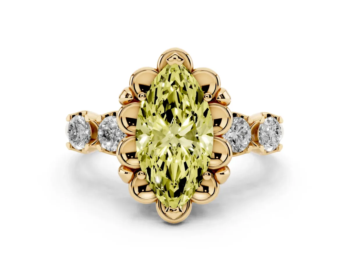 Fancy Yellow Marquise Cut Diamond Floral Halo Ring Set in Yellow gold with Shared Prong Band