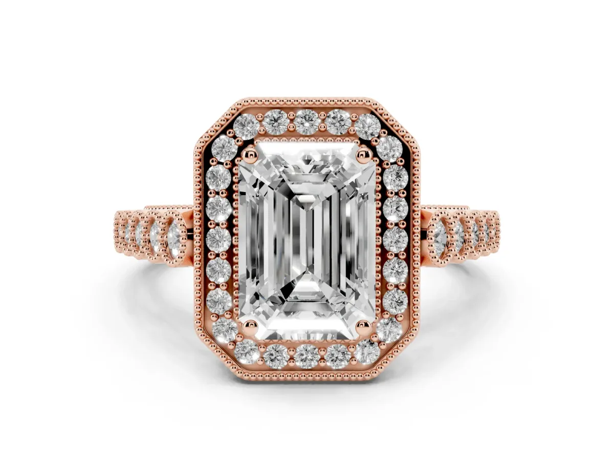 Emerald Cut Diamond Milgrain Halo Solitaire Ring Set in Rose gold with Bezel Set Side Stones and Pavé Band