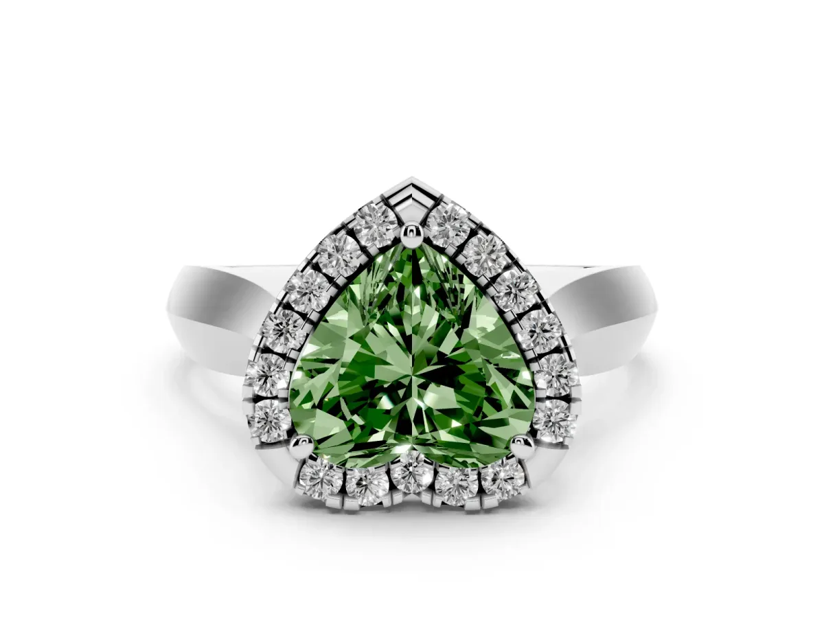Fancy Green Heart Cut Diamond Halo Solitaire Engagement Ring Set in Platinum with Square Band and Prong Setting