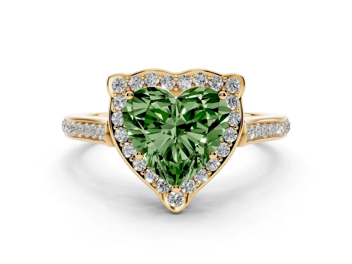 Fancy Green Heart Cut Diamond Halo Ring Set in Yellow gold with Pavé-Lined Shoulders and Prong Setting