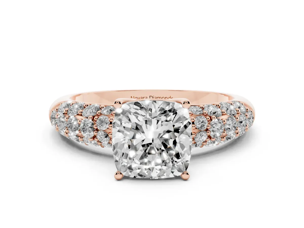 Cushion Cut Diamond Pavé Band Solitaire Ring Set in Rose gold with Close-Set Accent Stones and Prong Setting