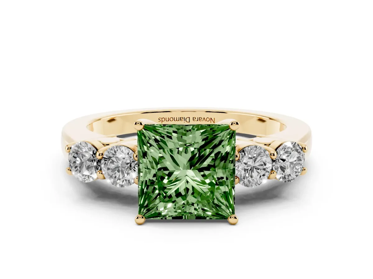 Fancy Green Princess Cut Diamond Five-Stone Prong Set Band Ring Set in Yellow gold with Polished Band