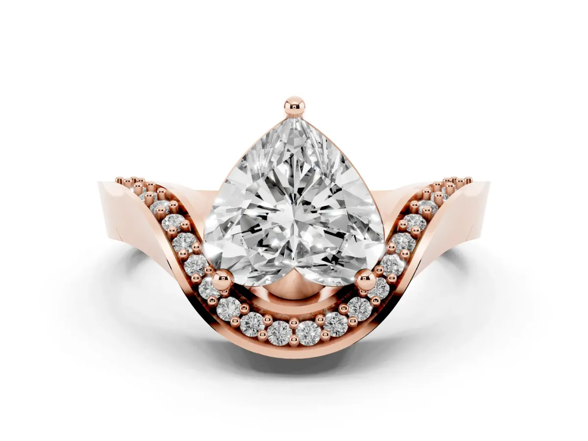 Heart Cut Diamond Solitaire Engagement Ring Set in Rose gold with Pavé Shoulders